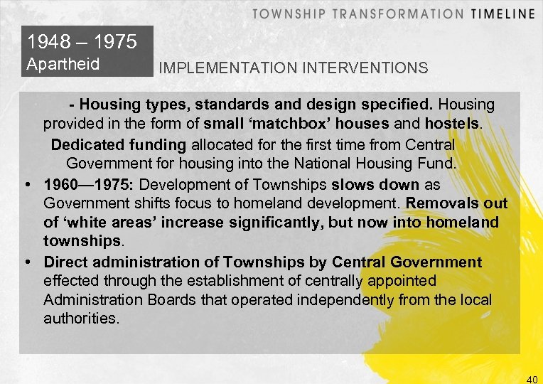 1948 – 1975 Apartheid IMPLEMENTATION INTERVENTIONS - Housing types, standards and design specified. Housing