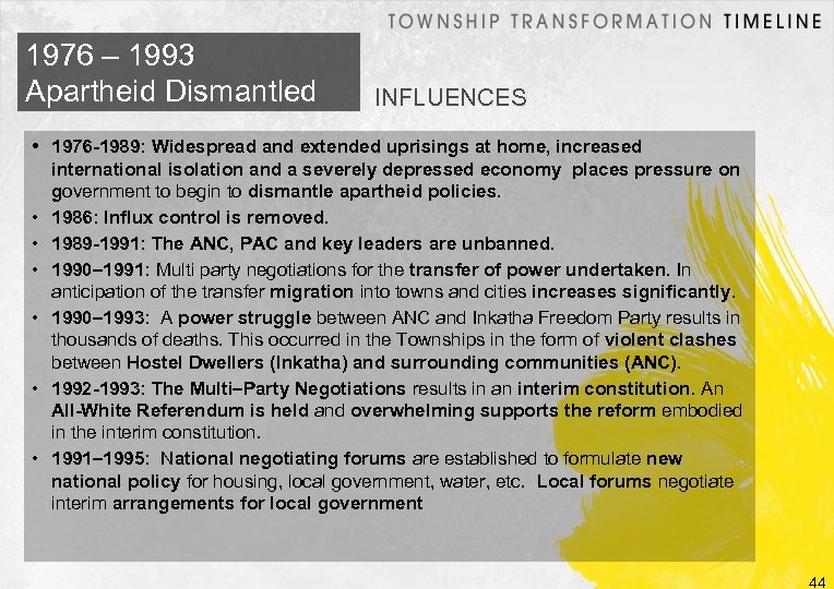 1976 – 1993 Apartheid Dismantled INFLUENCES • 1976 -1989: Widespread and extended uprisings at