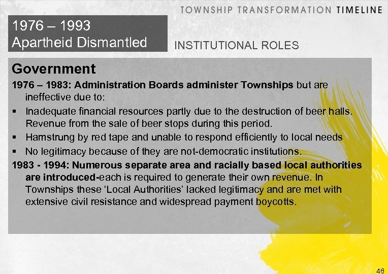 1976 – 1993 Apartheid Dismantled INSTITUTIONAL ROLES Government 1976 – 1983: Administration Boards administer