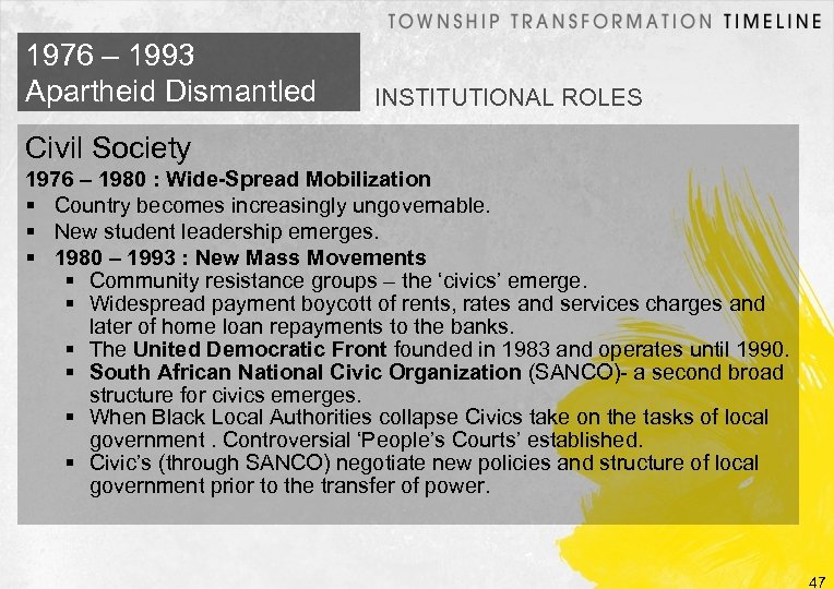 1976 – 1993 Apartheid Dismantled INSTITUTIONAL ROLES Civil Society 1976 – 1980 : Wide-Spread