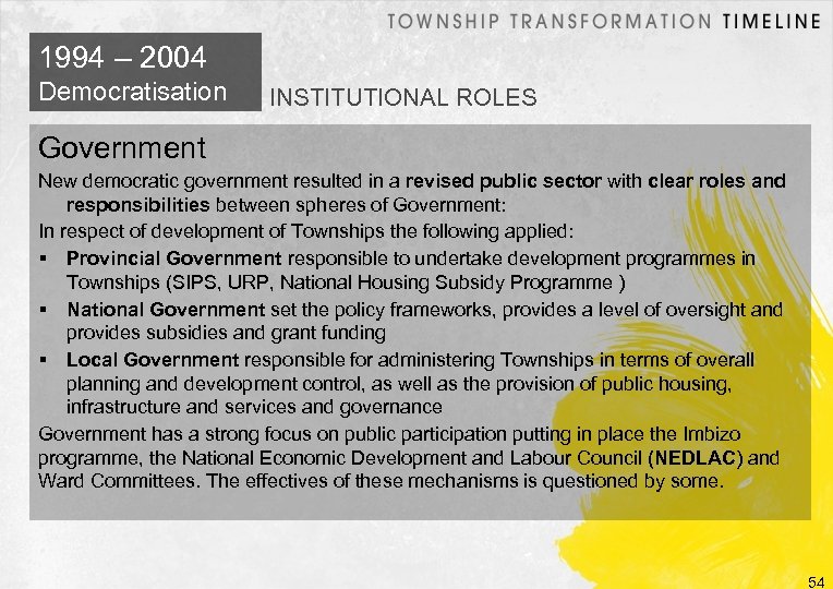 1994 – 2004 Democratisation INSTITUTIONAL ROLES Government New democratic government resulted in a revised