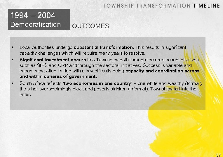 1994 – 2004 Democratisation • • • OUTCOMES Local Authorities undergo substantial transformation. This