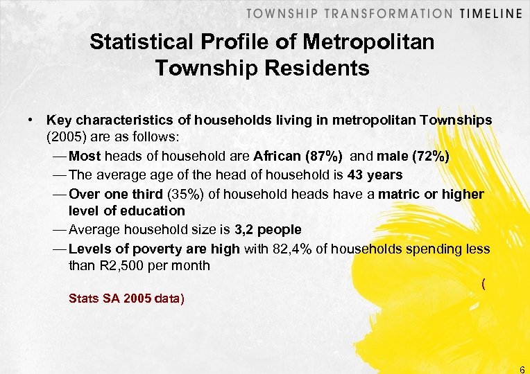 Statistical Profile of Metropolitan Township Residents • Key characteristics of households living in metropolitan