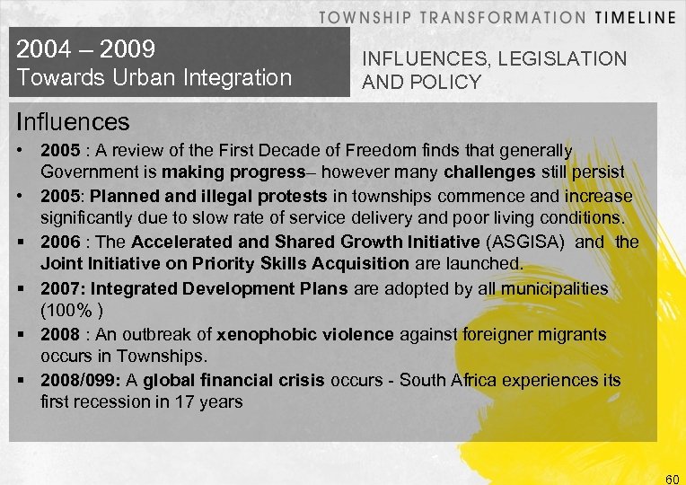 2004 – 2009 Towards Urban Integration INFLUENCES, LEGISLATION AND POLICY Influences • 2005 :