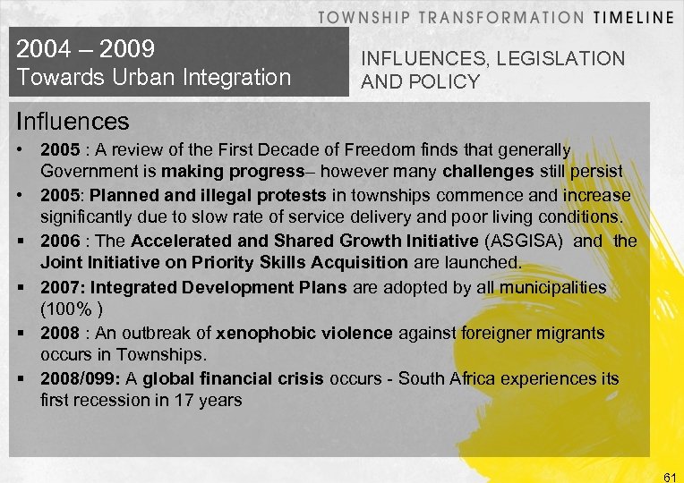 2004 – 2009 Towards Urban Integration INFLUENCES, LEGISLATION AND POLICY Influences • 2005 :