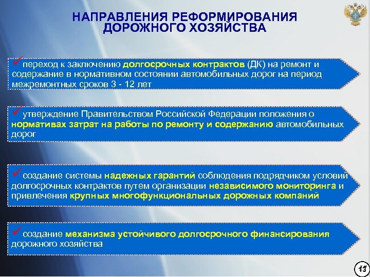 НАПРАВЛЕНИЯ РЕФОРМИРОВАНИЯ ДОРОЖНОГО ХОЗЯЙСТВА üпереход к заключению долгосрочных контрактов (ДК) на ремонт и содержание