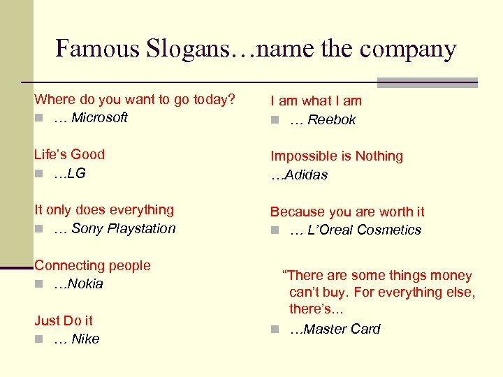Famous Slogans…name the company Where do you want to go today? n … Microsoft