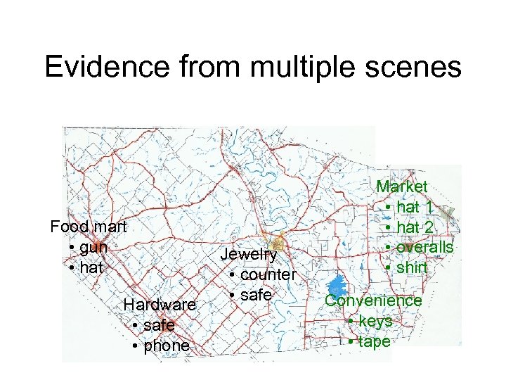 Evidence from multiple scenes Food mart • gun • hat Hardware • safe •