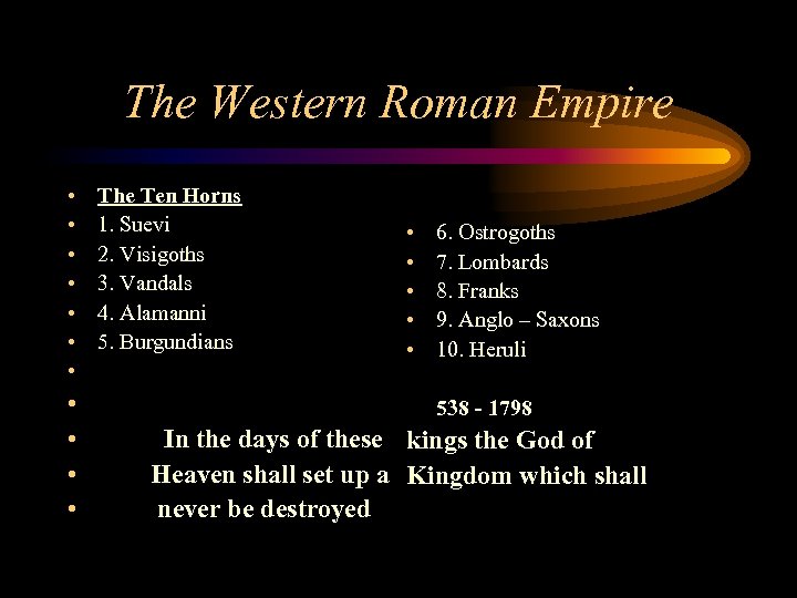 The Western Roman Empire • • • The Ten Horns 1. Suevi 2. Visigoths