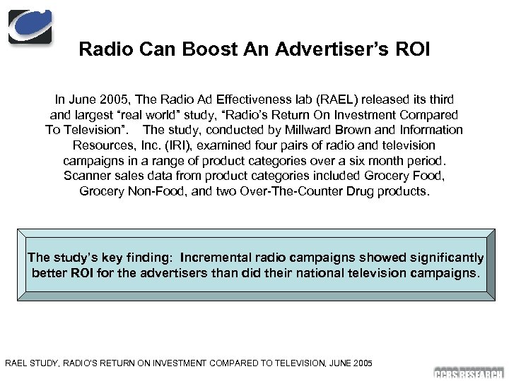 Radio Can Boost An Advertiser’s ROI In June 2005, The Radio Ad Effectiveness lab