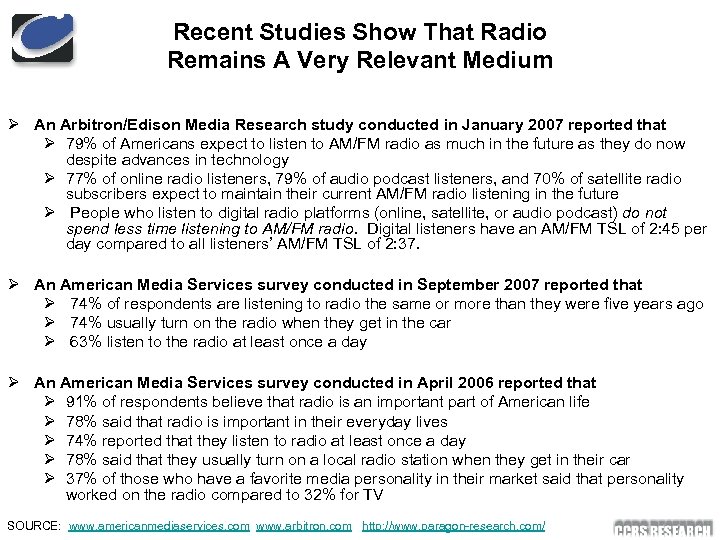 Recent Studies Show That Radio Remains A Very Relevant Medium Ø An Arbitron/Edison Media