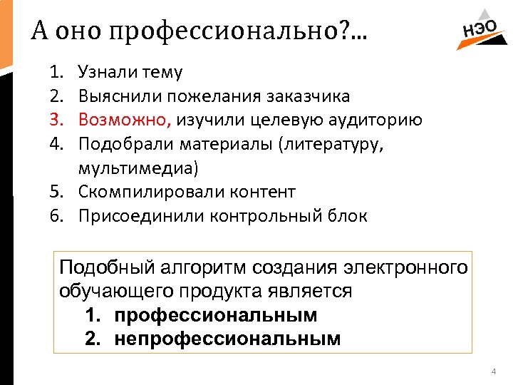 А оно профессионально? . . . 1. 2. 3. 4. Узнали тему Выяснили пожелания