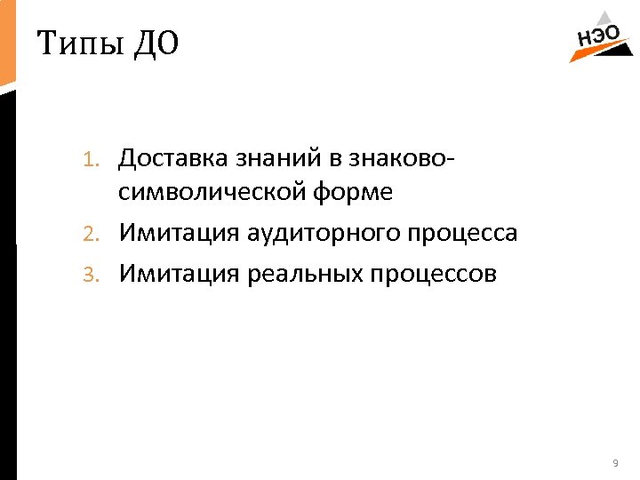 Типы ДО Доставка знаний в знаковосимволической форме 2. Имитация аудиторного процесса 3. Имитация реальных