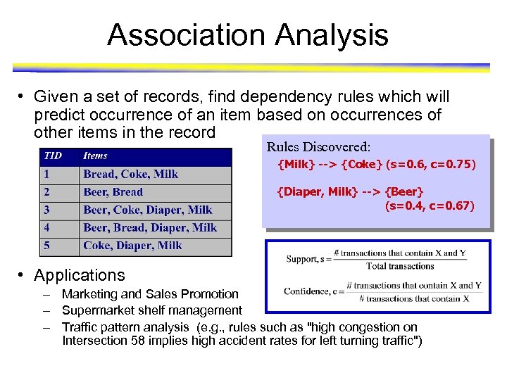 Association Analysis • Given a set of records, find dependency rules which will predict