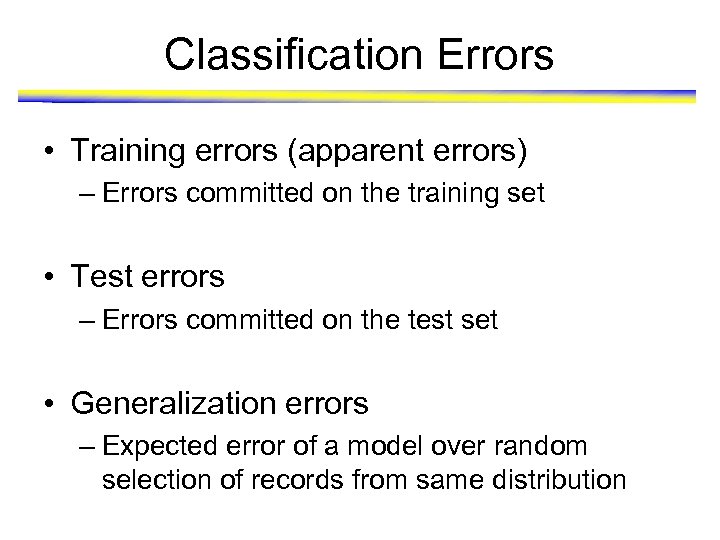 Classification Errors • Training errors (apparent errors) – Errors committed on the training set