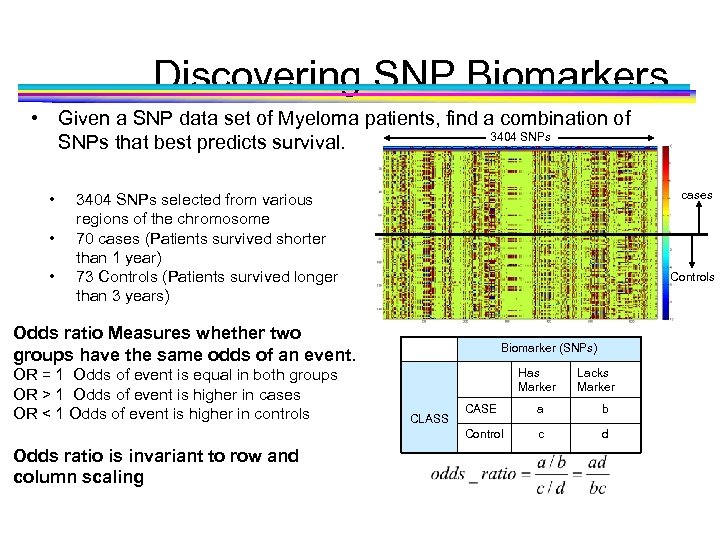 Discovering SNP Biomarkers • Given a SNP data set of Myeloma patients, find a