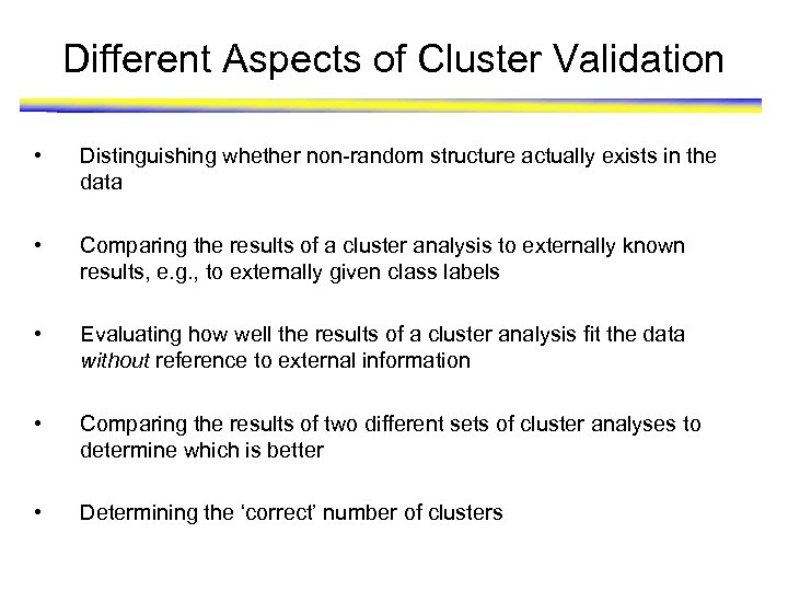 Different Aspects of Cluster Validation • Distinguishing whether non-random structure actually exists in the