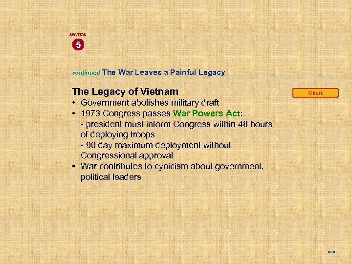 SECTION 5 continued The War Leaves a Painful Legacy The Legacy of Vietnam Chart