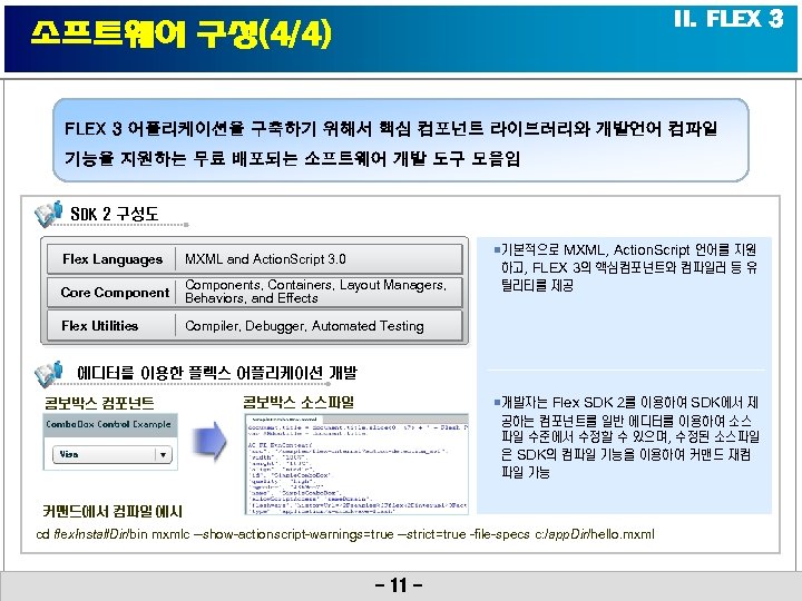 II. FLEX 3 소프트웨어 구성(4/4) FLEX 3 어플리케이션을 구축하기 위해서 핵심 컴포넌트 라이브러리와 개발언어