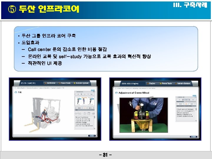 III. 구축사례 ⑤ 두산 인프라코어 • 두산 그룹 인프라 코어 구축 • 도입효과 -