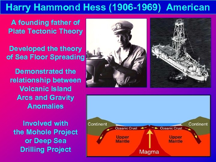 Harry Hammond Hess (1906 -1969) American A founding father of Plate Tectonic Theory Developed