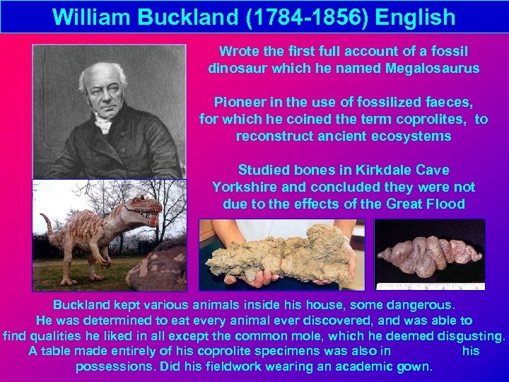 William Buckland (1784 -1856) English Wrote the first full account of a fossil dinosaur