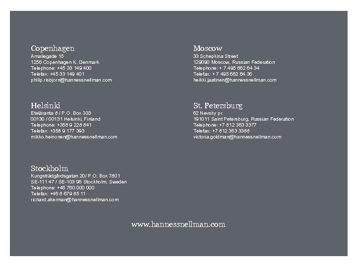 Copenhagen Moscow Amaliegade 15 1256 Copenhagen K, Denmark Telephone: +45 33 149 400 Telefax: