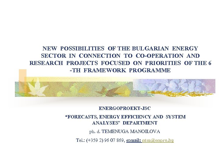 NEW POSSIBILITIES OF THE BULGARIAN ENERGY SECTOR IN CONNECTION TO CO-OPERATION AND RESEARCH PROJECTS