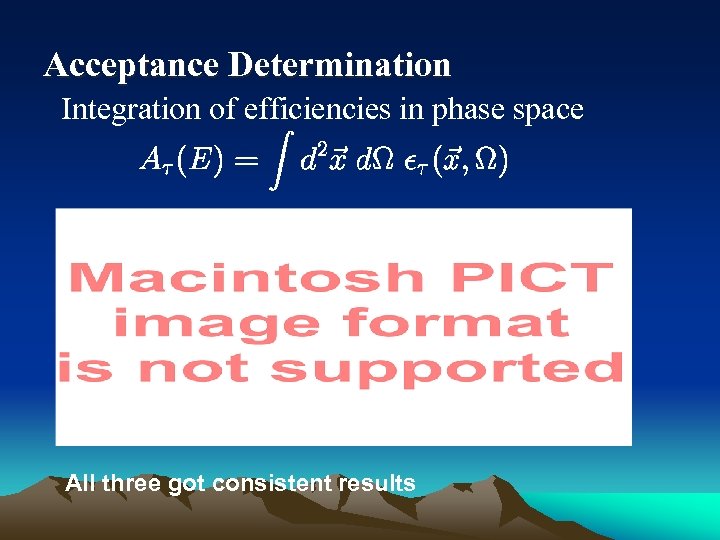 Acceptance Determination Integration of efficiencies in phase space Three independent methods for crosschecking All