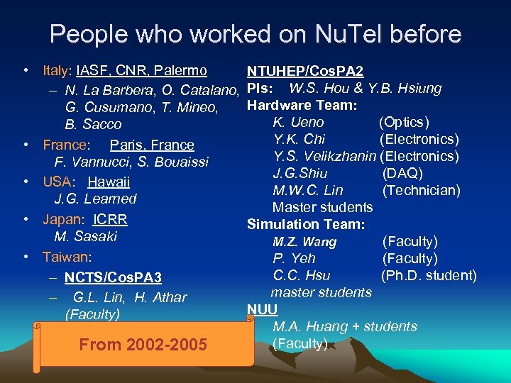 People who worked on Nu. Tel before • Italy: IASF, CNR, Palermo – N.