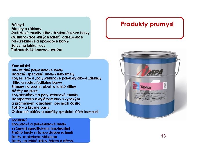 Průmysl Primery a základy Syntetické emaily , nitro, chlorkaučukové barvy Odstranovače starých nátěrů, odrezovače