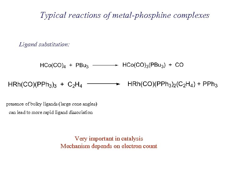 Typical reactions of metal-phosphine complexes Ligand substitution: presence of bulky ligands (large cone angles)