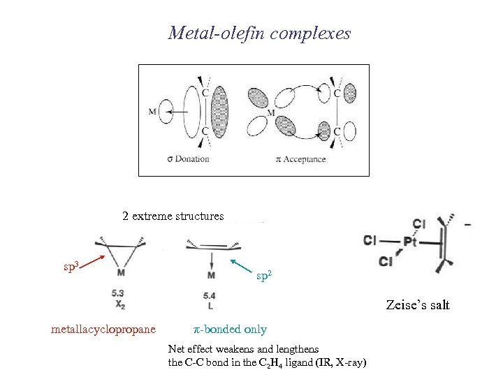 Metal-olefin complexes 2 extreme structures sp 3 sp 2 Zeise’s salt metallacyclopropane π-bonded only