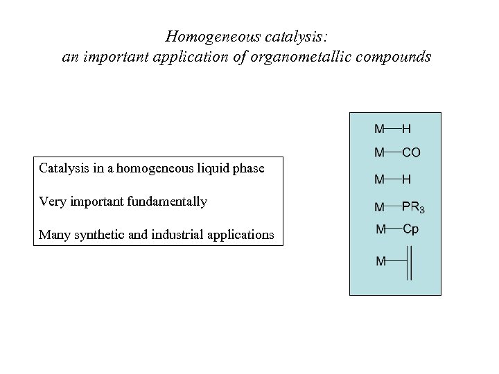 Homogeneous catalysis: an important application of organometallic compounds Catalysis in a homogeneous liquid phase