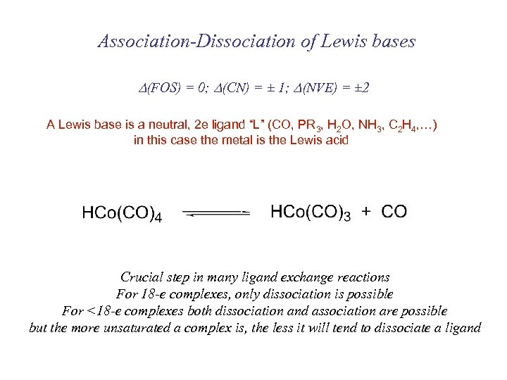 Association-Dissociation of Lewis bases D(FOS) = 0; D(CN) = ± 1; D(NVE) = ±