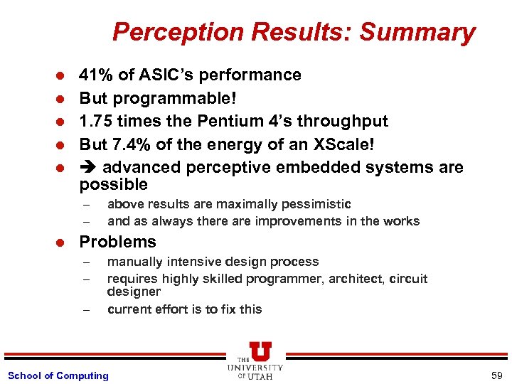 Perception Results: Summary l l l 41% of ASIC’s performance But programmable! 1. 75