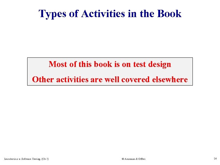 Types of Activities in the Book Most of this book is on test design