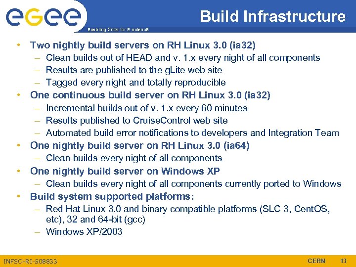 Build Infrastructure Enabling Grids for E-scienc. E • Two nightly build servers on RH