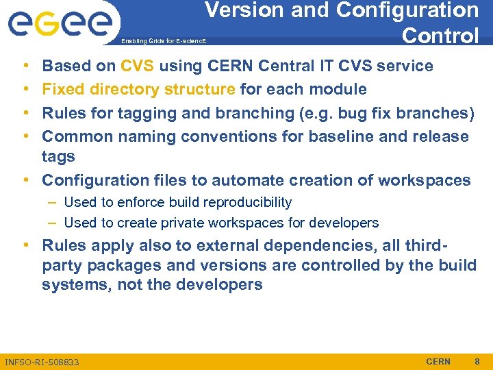 Version and Configuration Control Enabling Grids for E-scienc. E • • Based on CVS