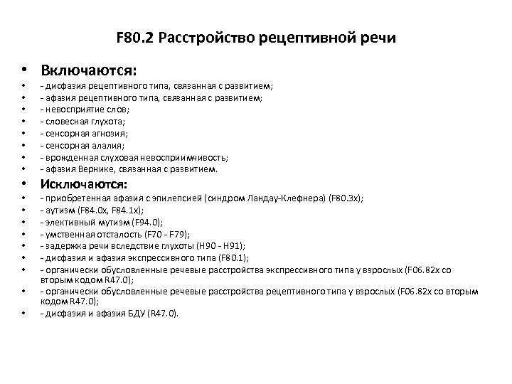 F 80. 2 Расстройство рецептивной речи • Включаются: • • - дисфазия рецептивного типа,