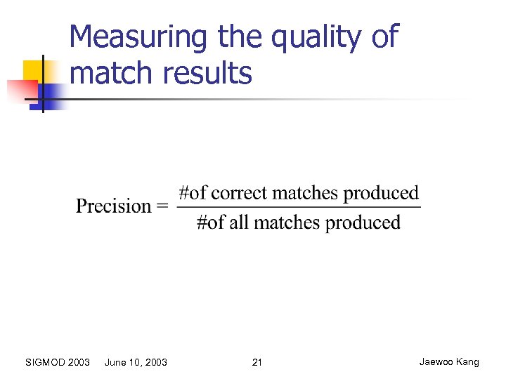Measuring the quality of match results SIGMOD 2003 June 10, 2003 21 Jaewoo Kang