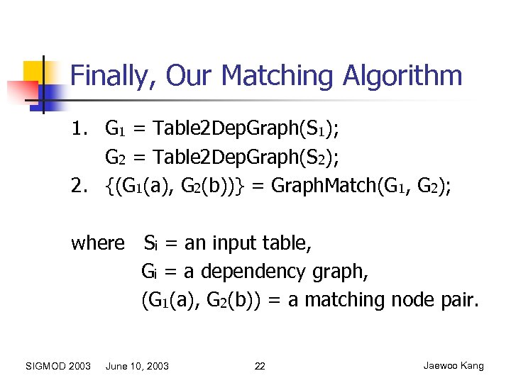 Finally, Our Matching Algorithm 1. G 1 = Table 2 Dep. Graph(S 1); G