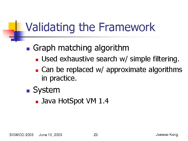 Validating the Framework n Graph matching algorithm n n n Used exhaustive search w/