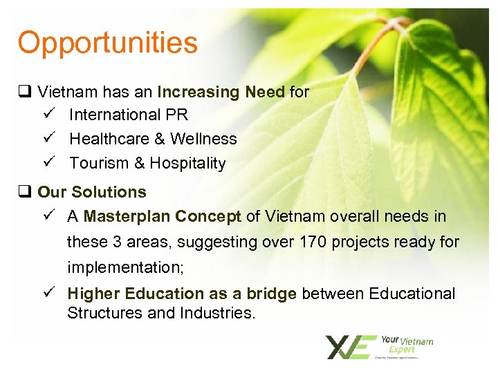 Opportunities q Vietnam has an Increasing Need for ü International PR ü Healthcare &