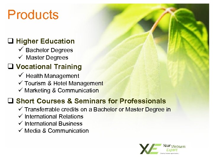 Products q Higher Education ü Bachelor Degrees ü Master Degrees q Vocational Training ü