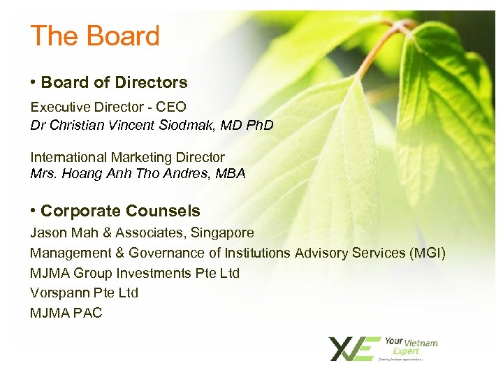 The Board • Board of Directors Executive Director - CEO Dr Christian Vincent Siodmak,