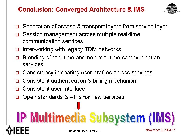 Conclusion: Converged Architecture & IMS q q q q Separation of access & transport