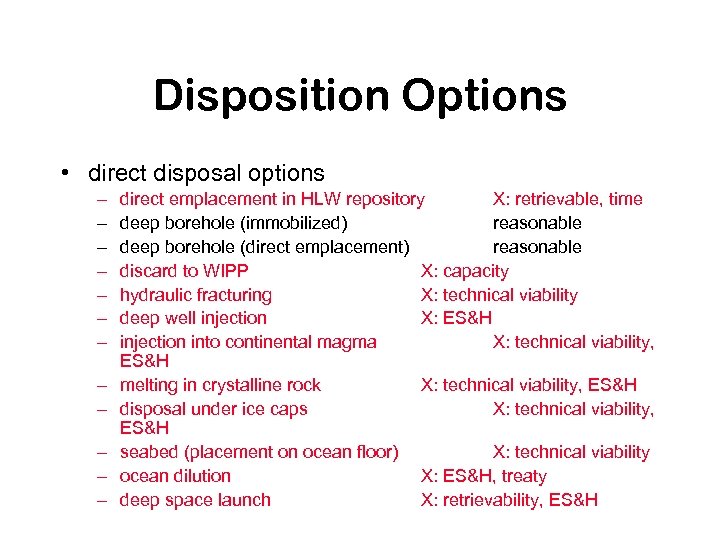 Disposition Options • direct disposal options – – – direct emplacement in HLW repository