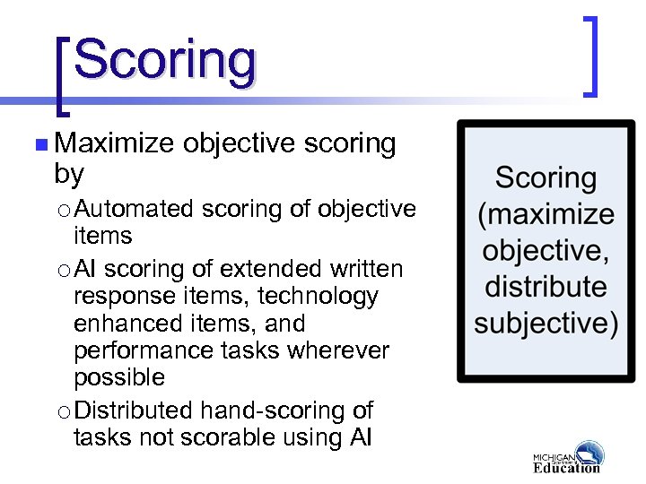 Scoring n Maximize by objective scoring ¡ Automated scoring of objective items ¡ AI