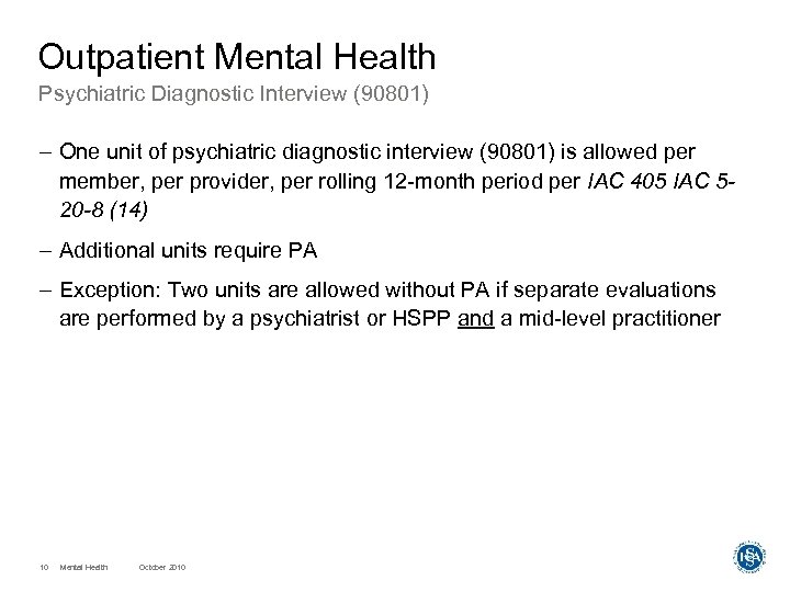 Outpatient Mental Health Psychiatric Diagnostic Interview (90801) – One unit of psychiatric diagnostic interview
